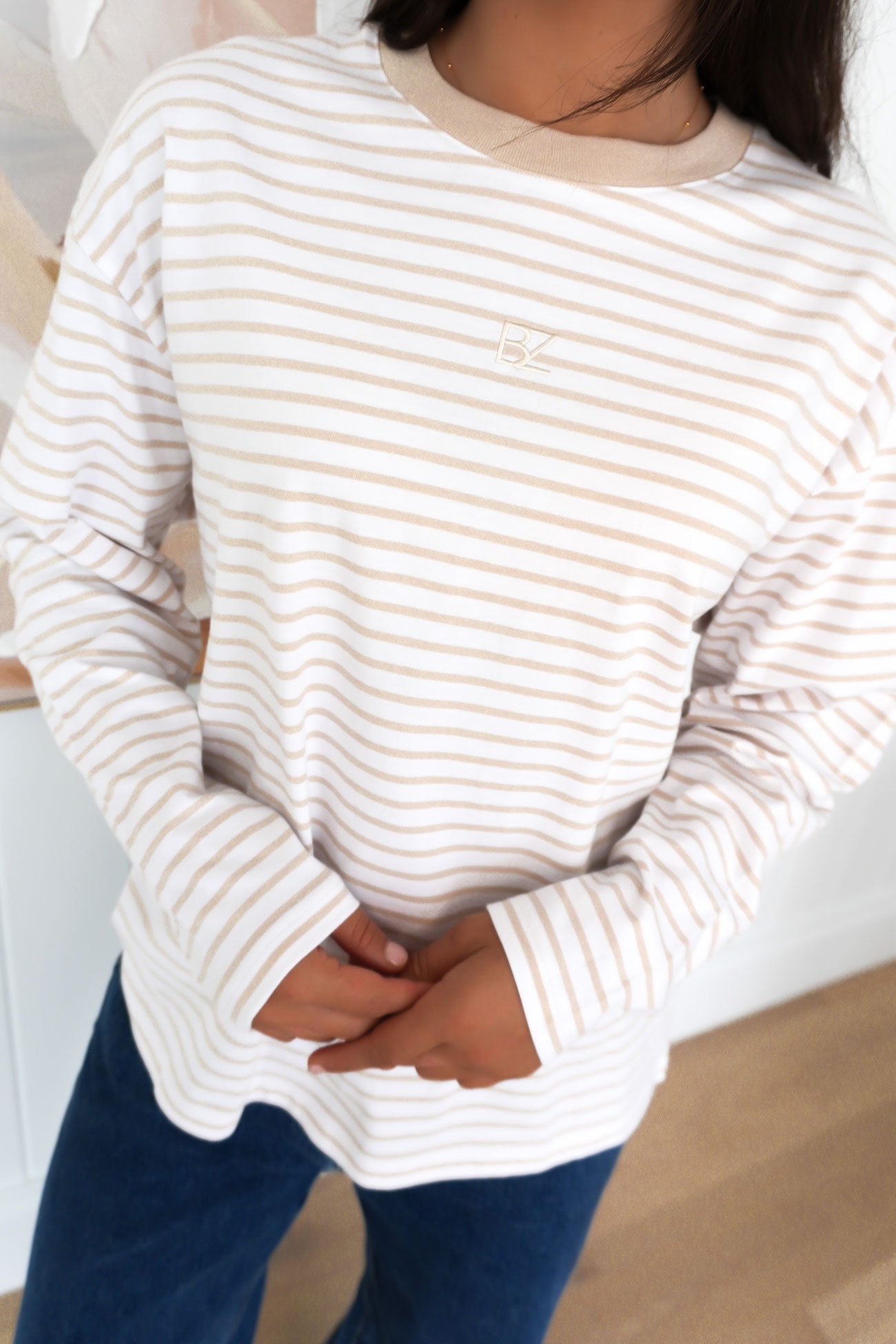 Taylor Stripe Long Sleeve Tee White Beige